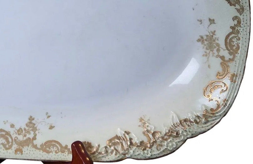 Antique Elite Works Limoges Large 13.5” Serving Platter - Celadon Dot & Gilded Scrolls