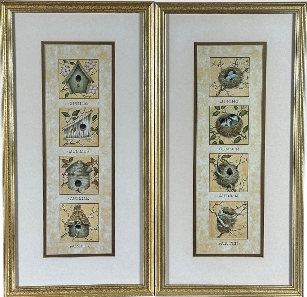 Vintage Nancy J Shumaker Pallan Bird Beginnings Seasonal Framed Prints Pair