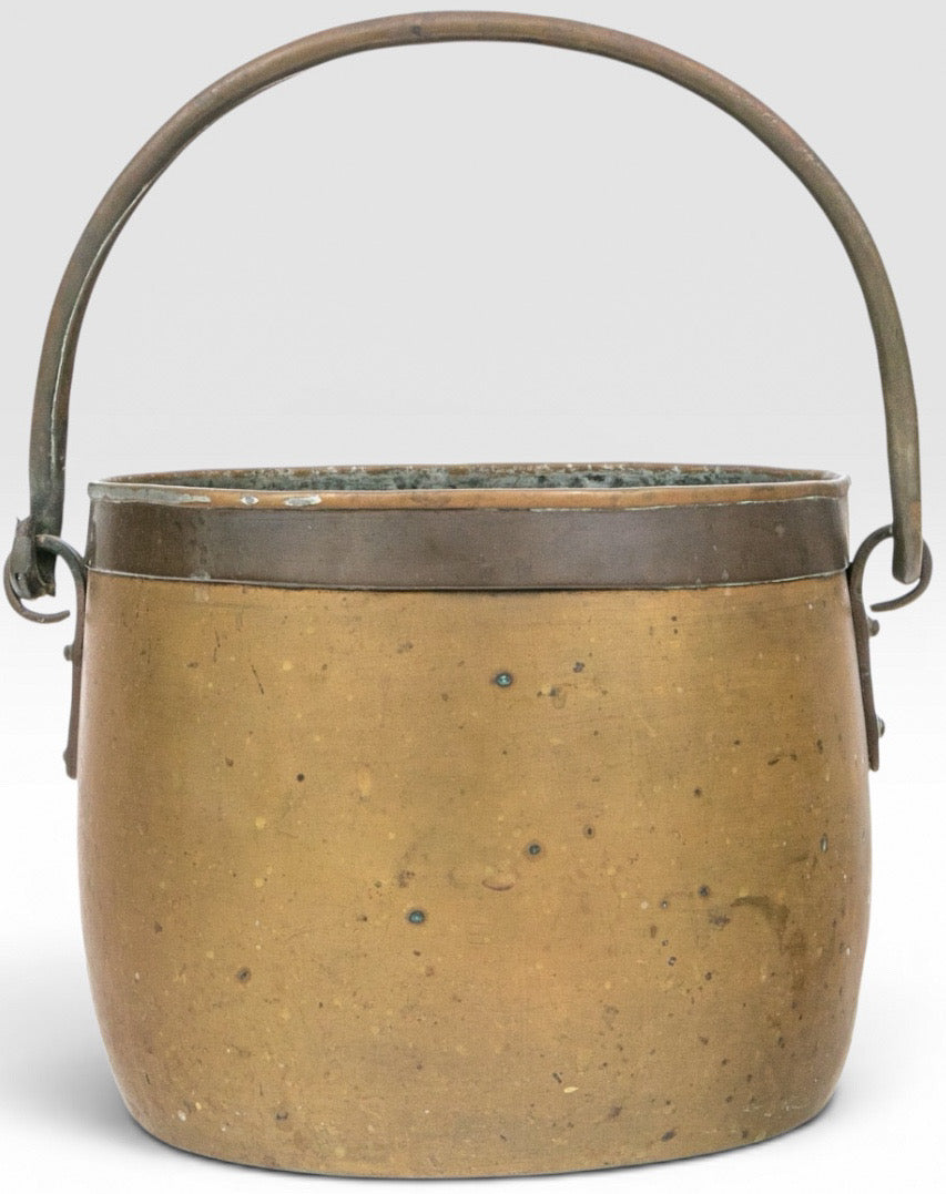 Antique 19th Century Dovetailed Spun Brass and Iron Hearth Cauldron Preserving Kettle