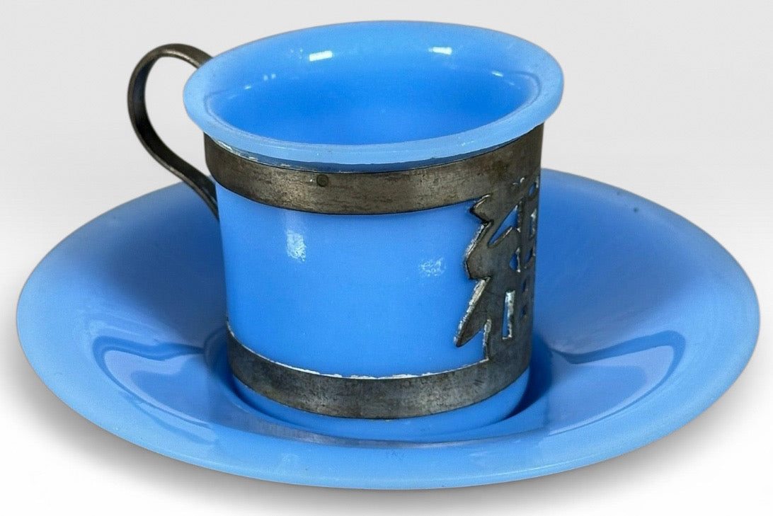 Antique Chinese Export Cornflower Blue Peking Glass Demitasse Service Fourteen Piece Set