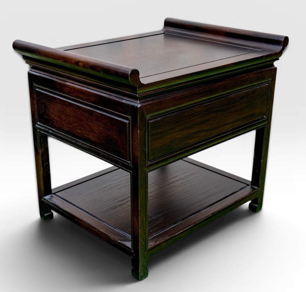 Vintage Chinese Altar Style Rosewood Finish End Table With Shou Emblems