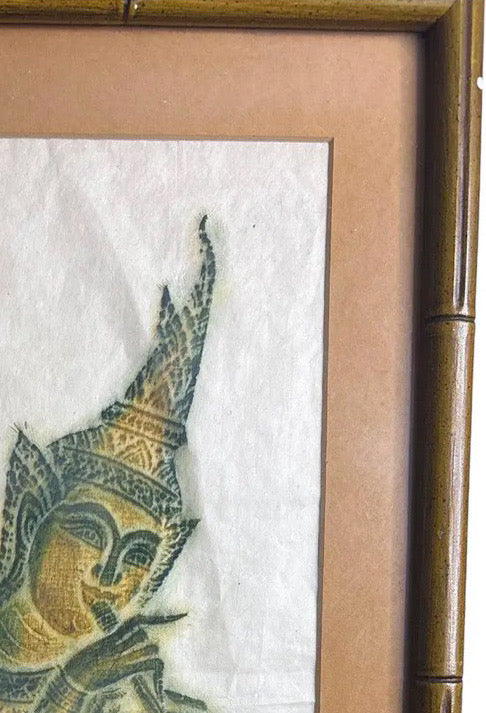 Vintage Thai Temple Rubbing of Celestial Musician in Green & Gold