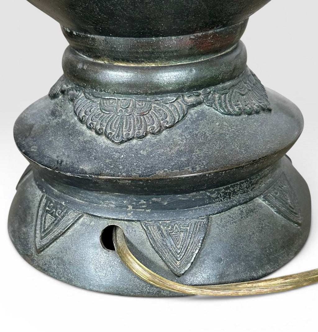 Antique Japanese Meiji Period Patinated Bronze Vase Table Lamp With High Relief Bird And Flower Silk Pagoda Shade