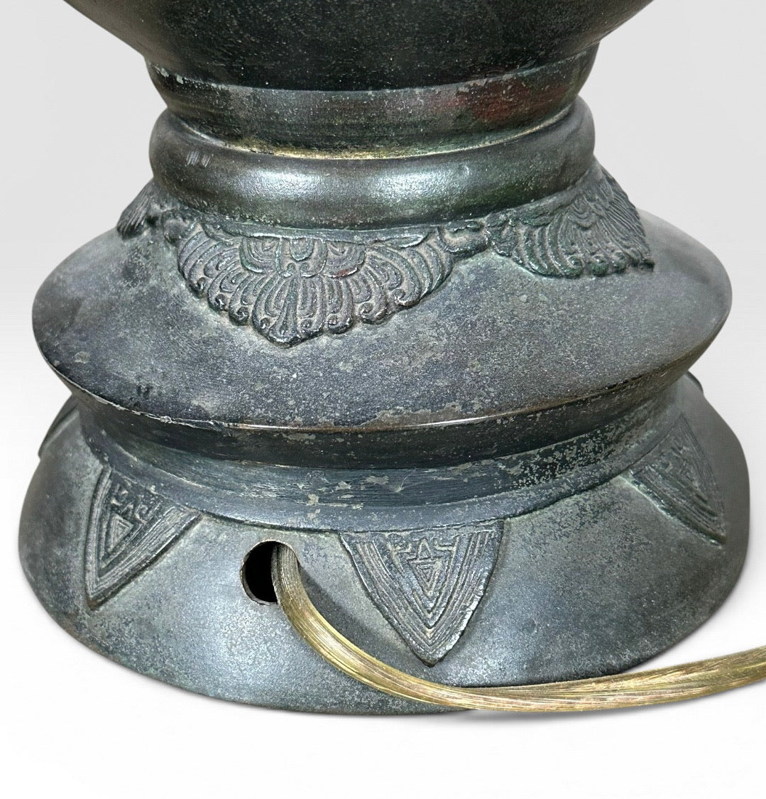 Antique Japanese Meiji Period Patinated Bronze Vase Table Lamp With High Relief Bird And Flower Silk Pagoda Shade