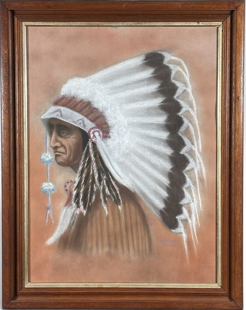 Original Vintage 1978 Western Fine Art Native American Indian Chief Red Cloud Framed Pastel Portrait Drawing