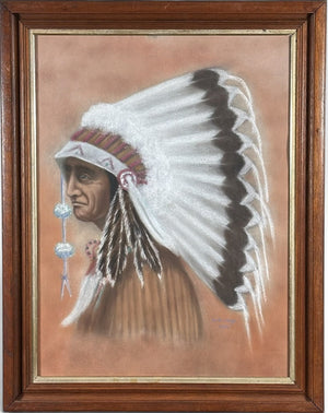 Original Vintage 1978 Western Fine Art Native American Indian Chief Red Cloud Framed Pastel Portrait Drawing