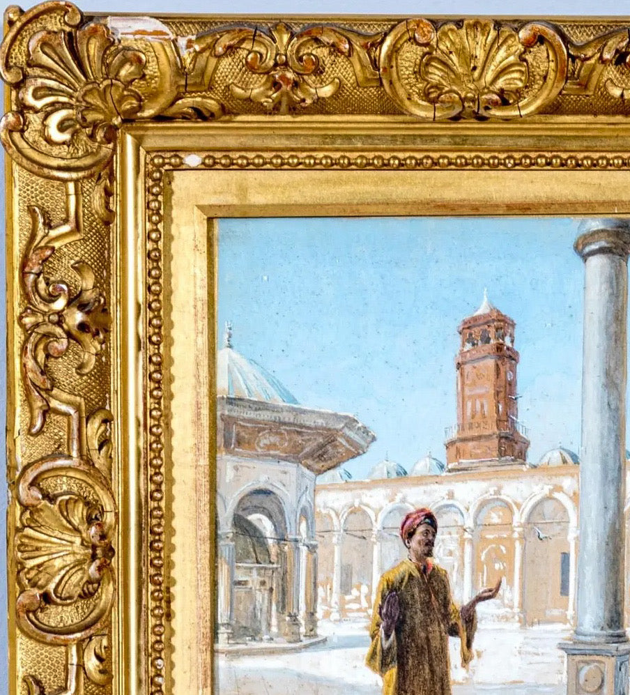 Antique 19th Century Orientalist Gouache Painting - Prayer at the Alabaster Mosque, Cairo - Signed Alphons Mielich