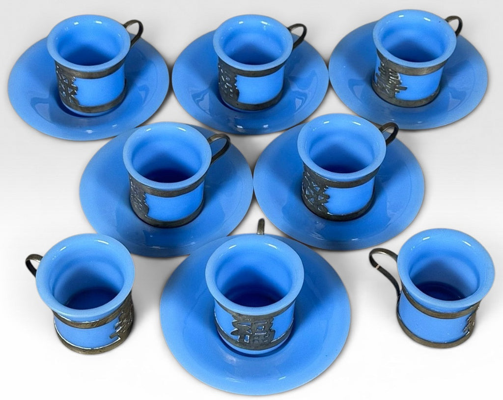 Antique Chinese Export Cornflower Blue Peking Glass Demitasse Service Fourteen Piece Set