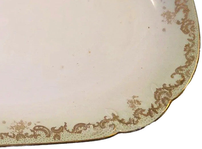 Antique Elite Works Limoges 18" Grand Hostess Platter - Gilded Scrolls & Celadon Dot Border