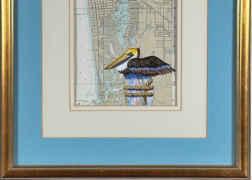 Vintage Ruth James Hand-Painted Pelican and Naples, Florida, Nautical Map Art