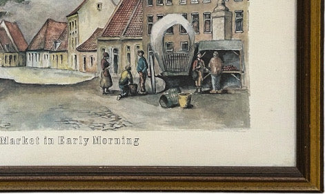 Vintage Framed European Market Street Scene Print by Henry Van Den Bogaard