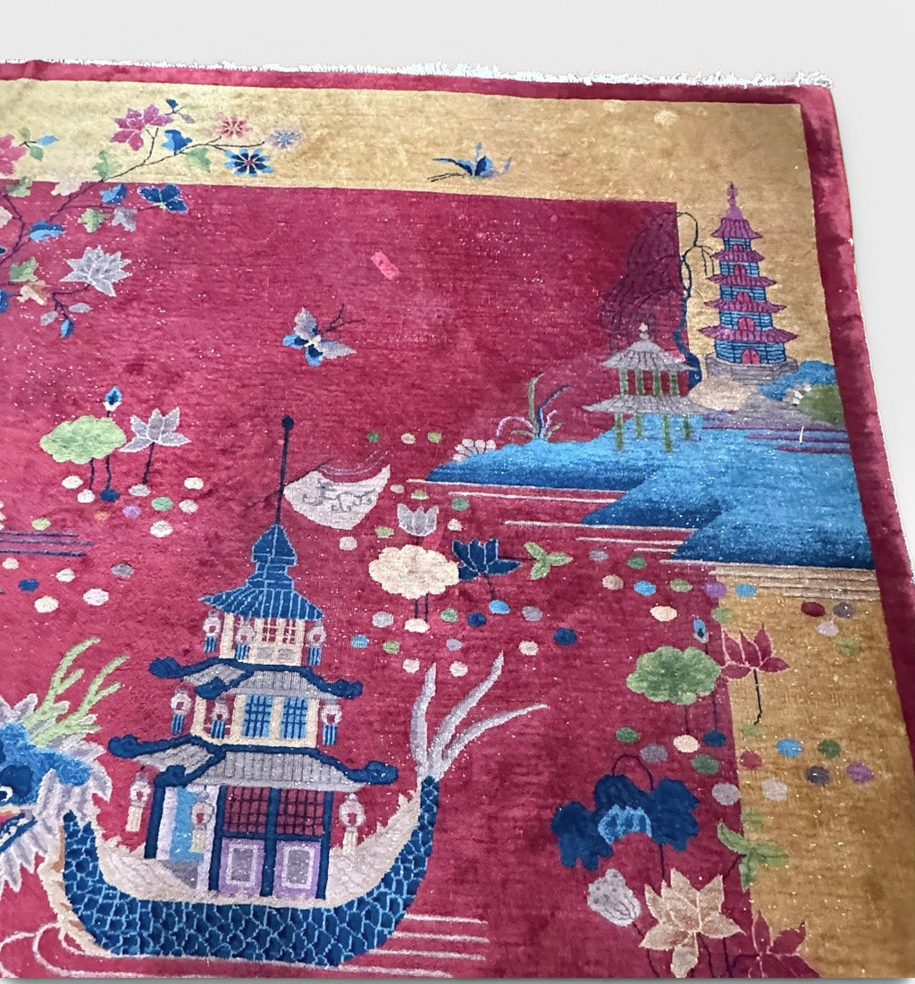 Antique 1920s Chinese Art Deco Pictorial Room Size Rug With Dragon Boat and Pagoda Motif
