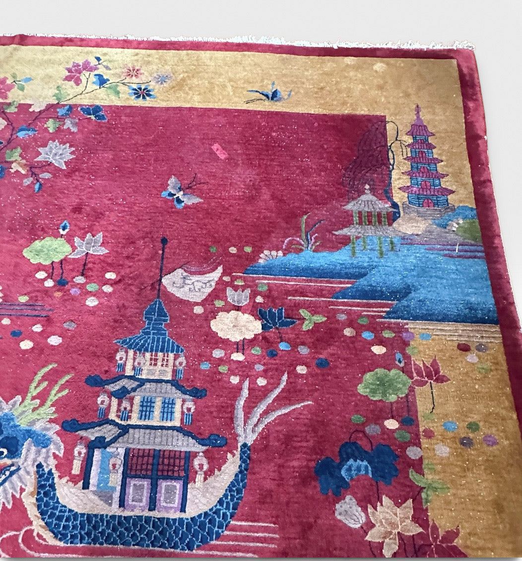 Antique 1920s Chinese Art Deco Pictorial Room Size Rug With Dragon Boat and Pagoda Motif