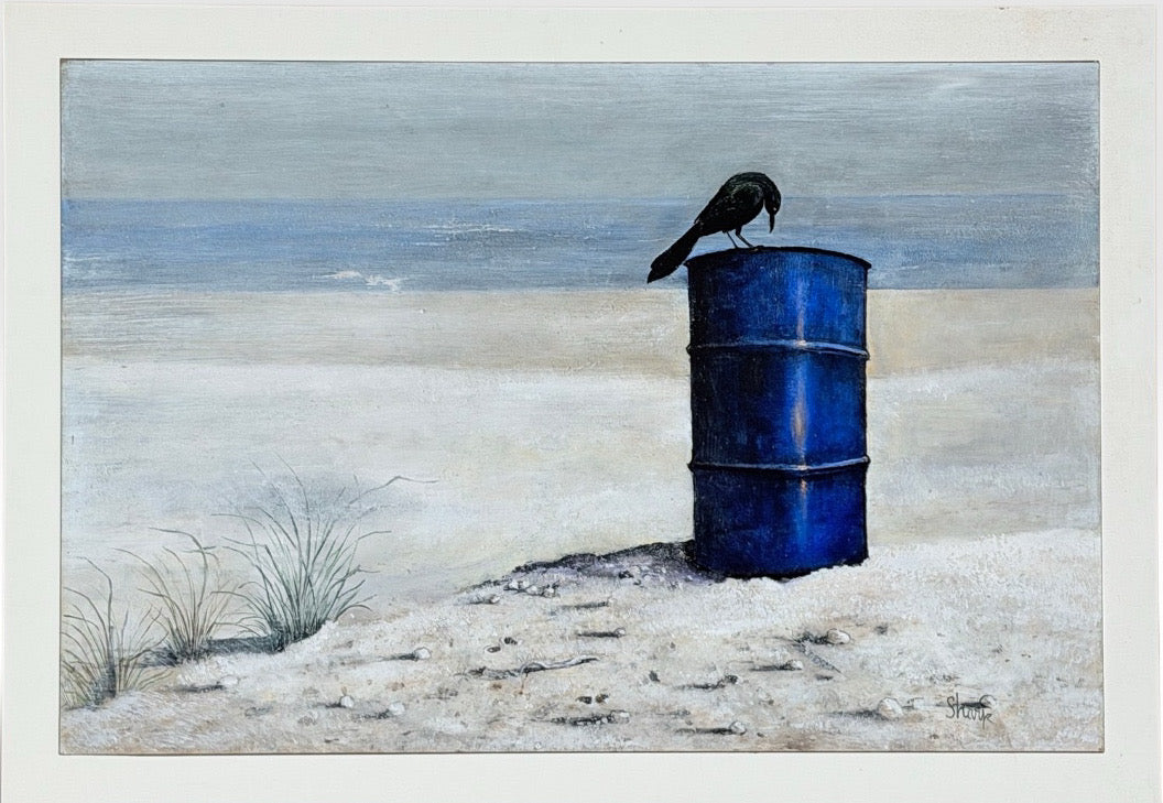 Original 1970s Pacific Northwest Oil on Board Painting Crow on Blue Drum by William Bill Sharp