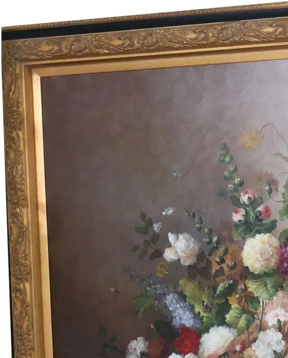 57" Signed L. Stewart Dutch Master Style Floral Oil Painting, Large Gilt Frame, Grand Manner Still Life, Museum Scale Art