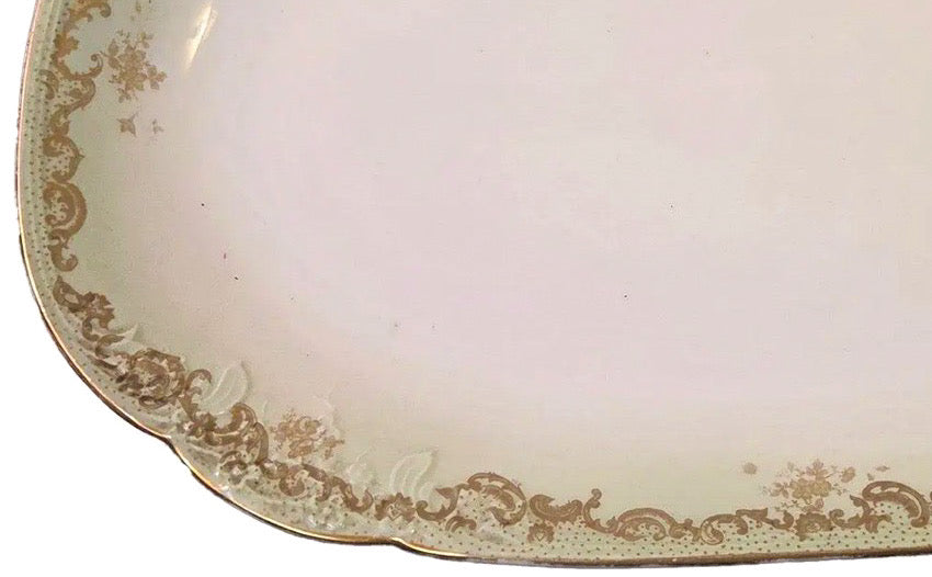 Antique Elite Works Limoges 18" Grand Hostess Platter - Gilded Scrolls & Celadon Dot Border