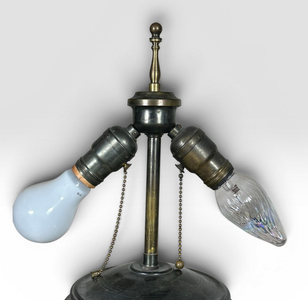 Antique Japanese Meiji Period Patinated Bronze Vase Table Lamp With High Relief Bird And Flower Silk Pagoda Shade
