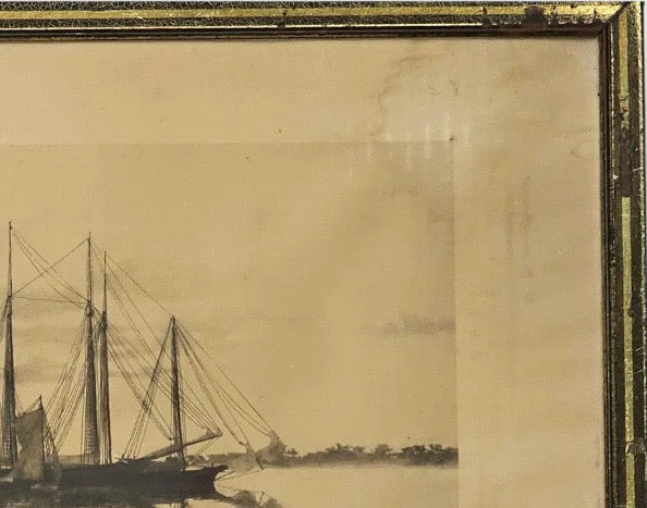 Antique Nineteenth Century Nautical Lithograph Quiet Waters by C. H. Harris Framed