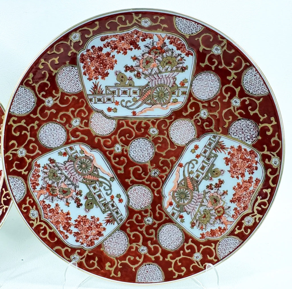 Stunning Vintage Japanese Imari "Rickshaw" Porcelain Charger Plates - Set of Three