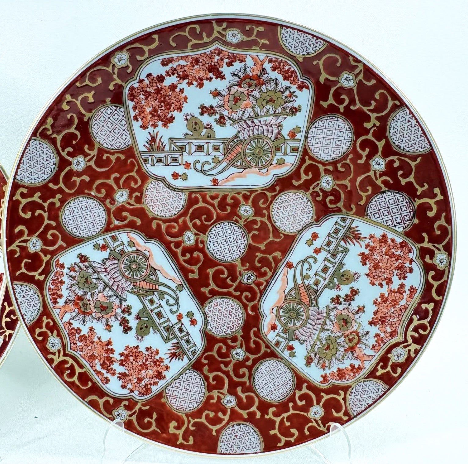 Stunning Vintage Japanese Imari "Rickshaw" Porcelain Charger Plates - Set of Three