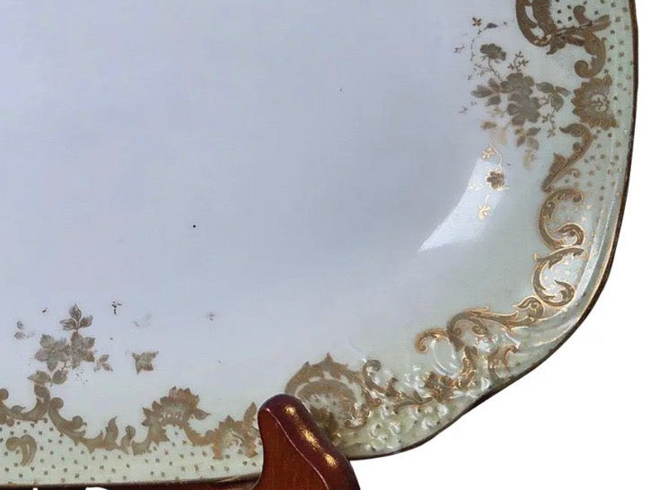 Antique Elite Works Limoges 10” Porcelain Serving Platter - Celadon Dotted Border & Gilded Scrolls