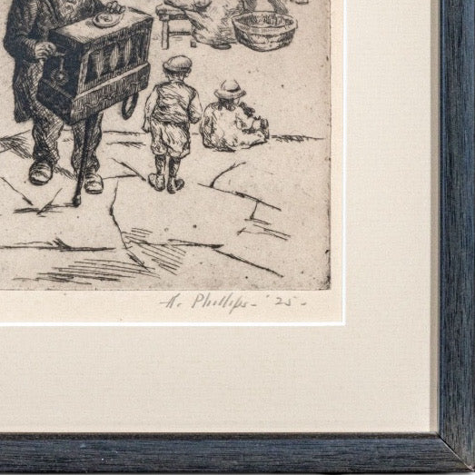 Abraham Phillips Signed Etching Organ Grinder Street Scene 1925