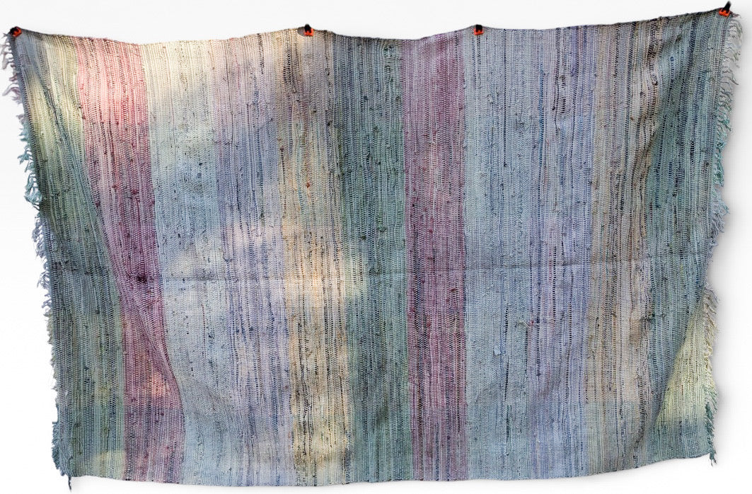 Oversized Antique American Hand-Loomed Rag Rug - 5' x 7.5' Pastel Stripe