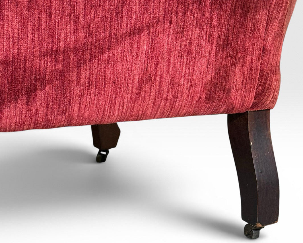 Antique Victorian Carved Walnut Triple Back Cranberry Velvet Settee