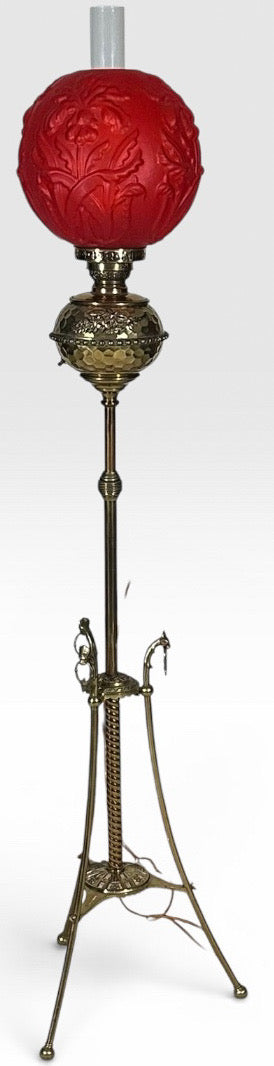 Victorian Brass and Red Satin Glass Griffin Piano Floor Lamp