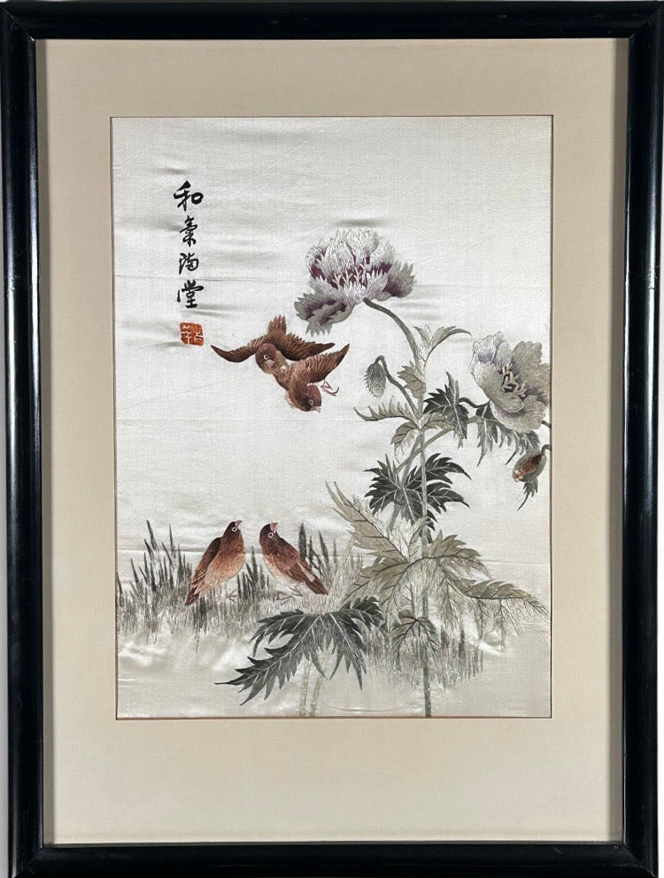 Vintage Framed Chinese Silk Embroidery Panels Birds and Flowers Huaniao Art Pair