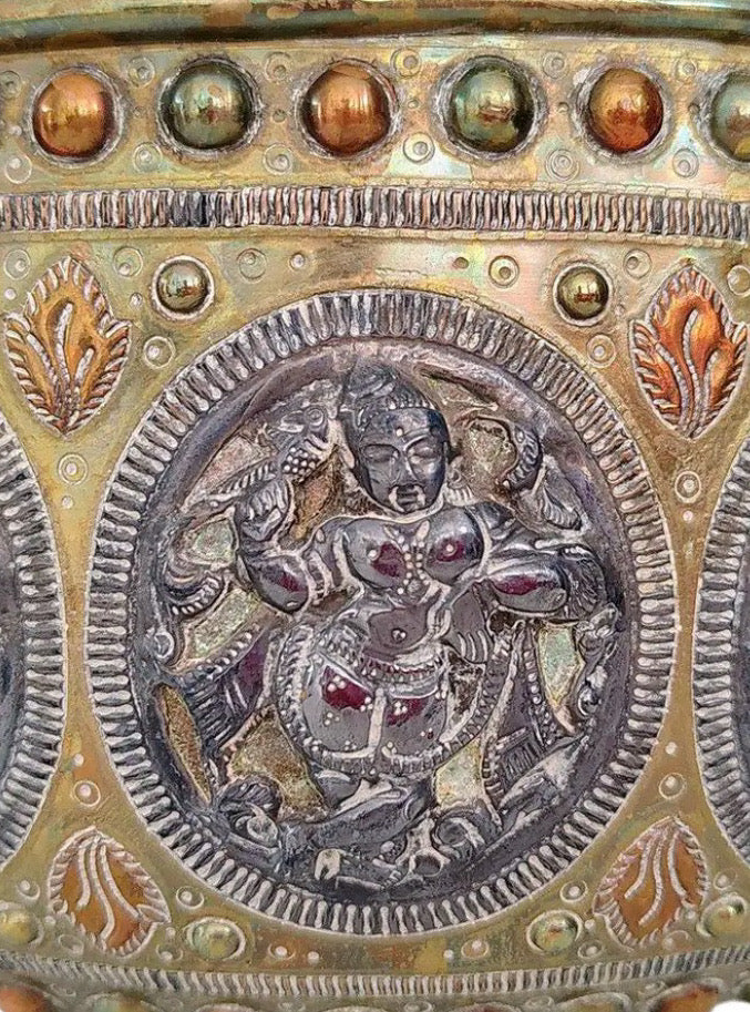 Antique 19th Century Thanjavur Tri-Metal Bowl - Hand-Hammered Silver and Copper on Brass - Tanjore South Indian Art