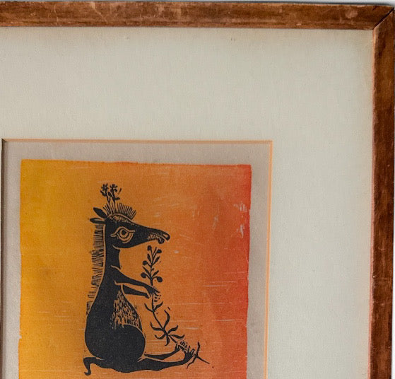 Vintage Helen Siegl Hand-Signed Fine Art Woodcut Print Rangoroo Mid Century Modern Folk Art Whimsical Animal Custom Framed