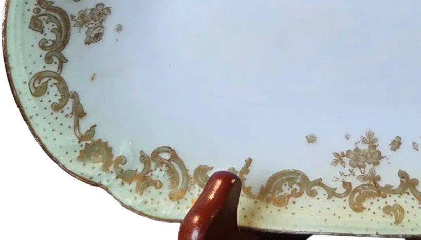 Antique Elite Works Limoges 8.5" Relish Dish - Gilded Scrolls & Celadon Dot Border
