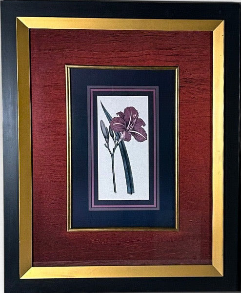 Vintage Framed Stylized Red Lily Botanical Lithograph Prints Pair
