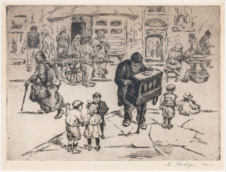 Abraham Phillips Signed Etching Organ Grinder Street Scene 1925