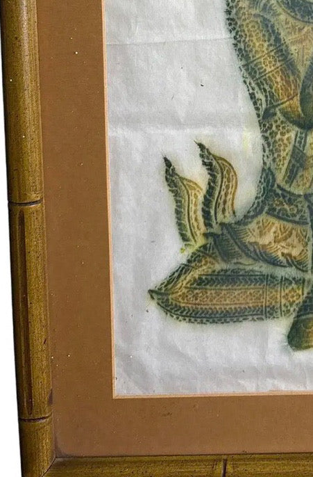 Vintage Thai Temple Rubbing of Celestial Musician in Green & Gold