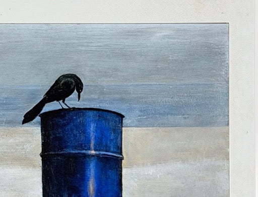 Original 1970s Pacific Northwest Oil on Board Painting Crow on Blue Drum by William Bill Sharp