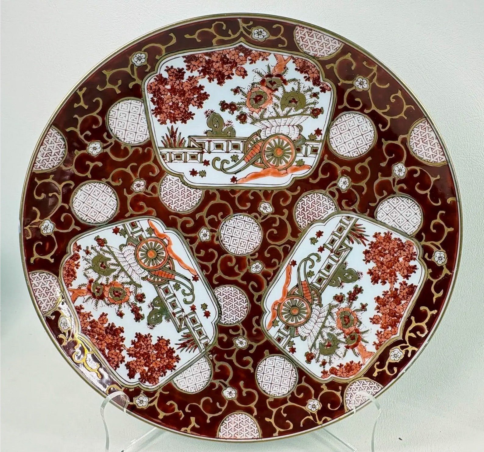 Stunning Vintage Japanese Imari "Rickshaw" Porcelain Charger Plates - Set of Three