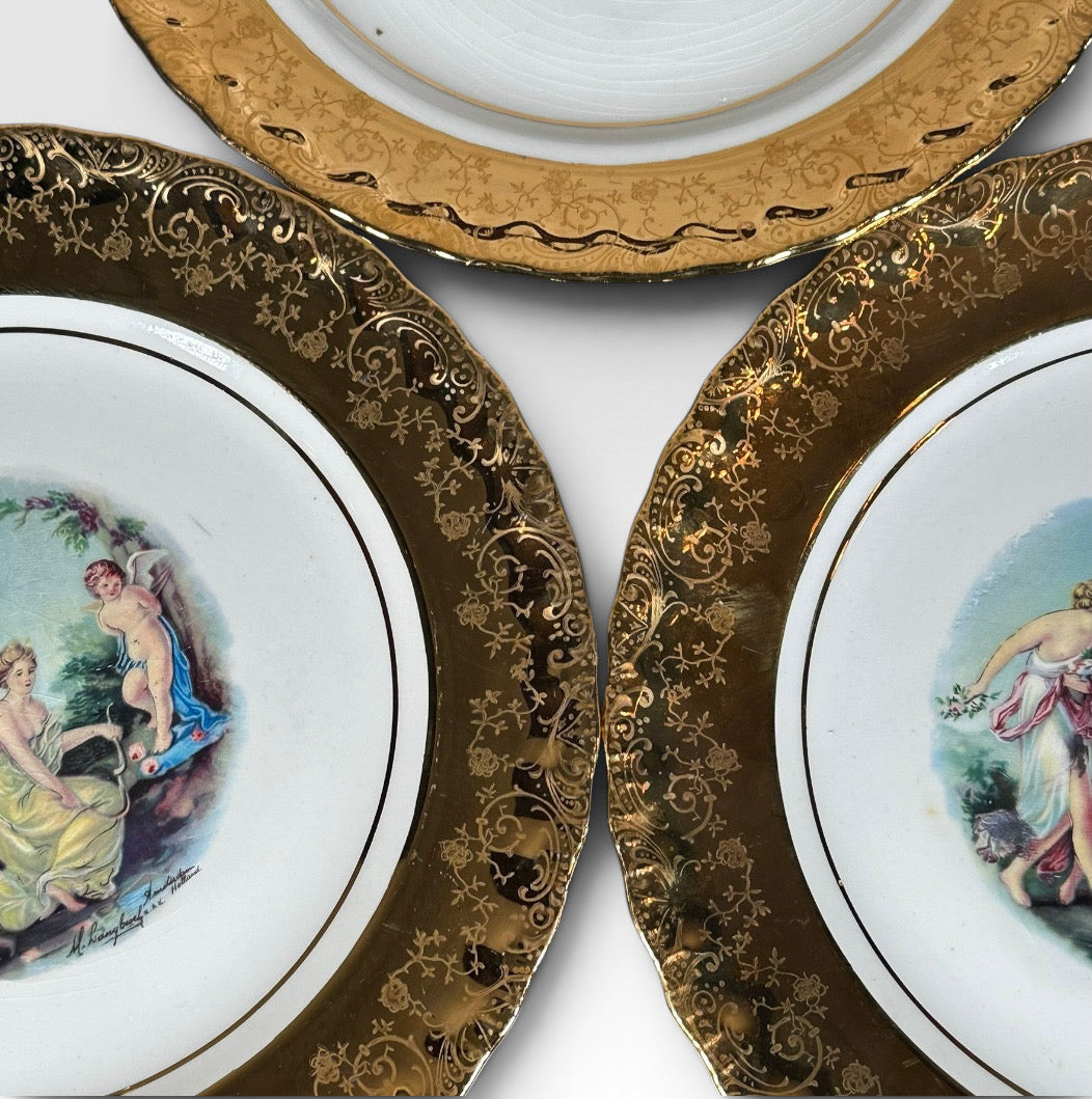 Vintage Manhattan Ware Crest of Gold Romantic Mythological Pastoral Scene Plates Set of Eight