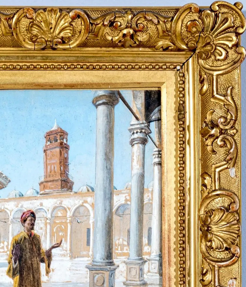 Antique 19th Century Orientalist Gouache Painting - Prayer at the Alabaster Mosque, Cairo - Signed Alphons Mielich