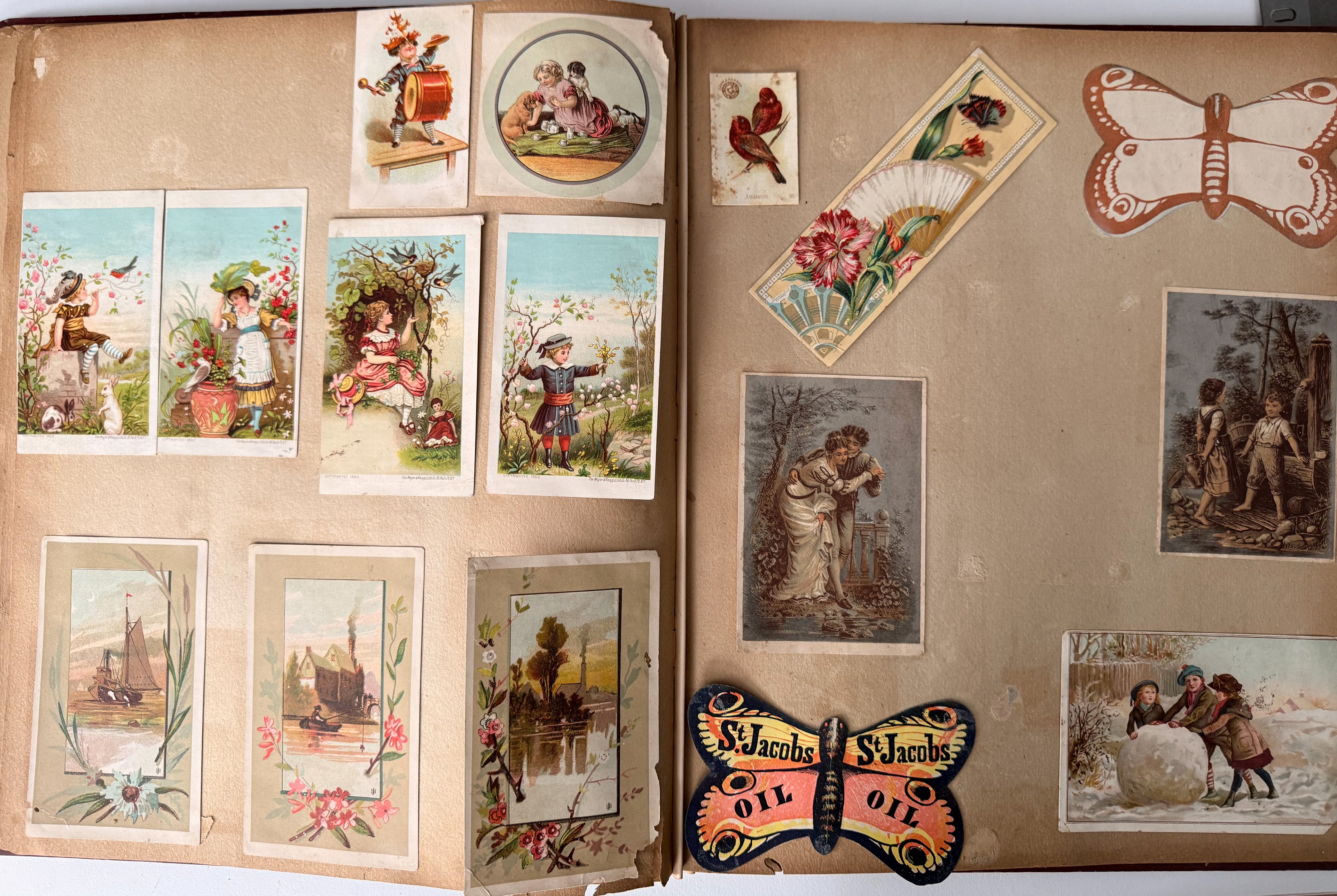 Rare 1880s Victorian Trade Card Album - Merchant’s Gargling Oil BASEBALL Set - Black Americana - Patent Medicine - Peacock Cover