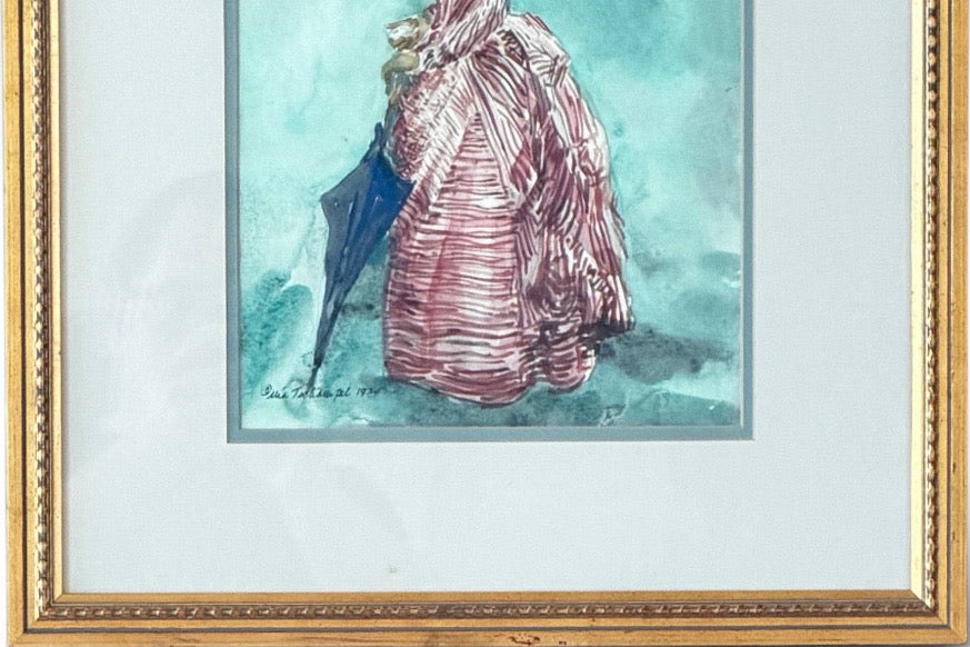 Vintage 1979 Watercolor Illustration of Victorian Woman Signed Mia Tschampel