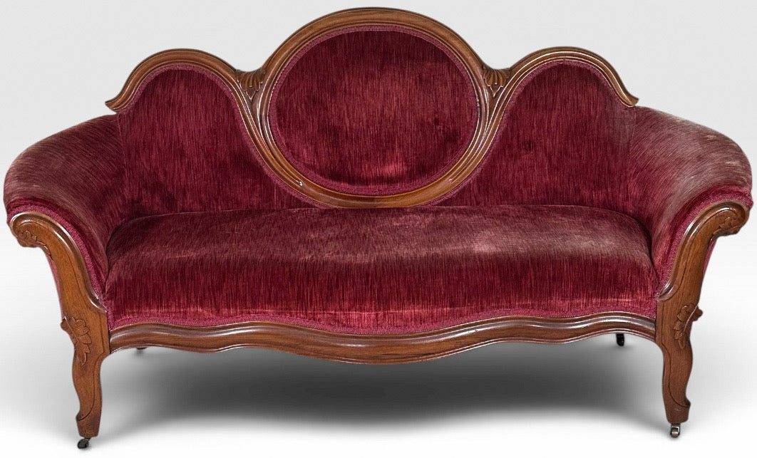 Antique Victorian Carved Walnut Triple Back Cranberry Velvet Settee