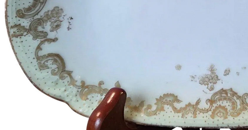 Antique Elite Works Limoges 8.5" Relish Dish - Gilded Scrolls & Celadon Dot Border