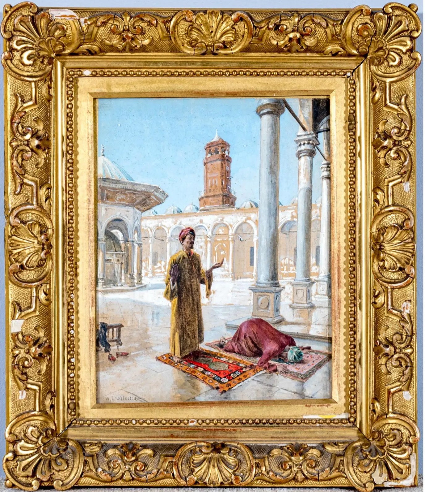 Antique 19th Century Orientalist Gouache Painting - Prayer at the Alabaster Mosque, Cairo - Signed Alphons Mielich