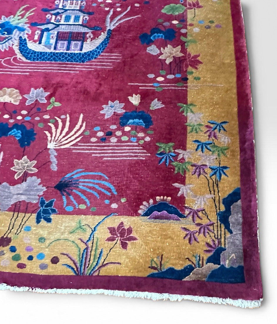 Antique 1920s Chinese Art Deco Pictorial Room Size Rug With Dragon Boat and Pagoda Motif