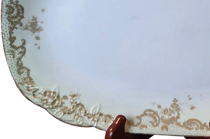 Antique Elite Works Limoges Large 13.5” Serving Platter - Celadon Dot & Gilded Scrolls