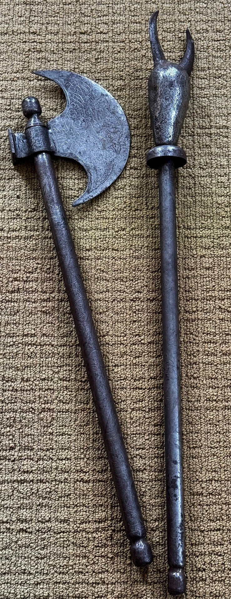 19th Century Persian Qajar Hand-Forged Iron Tabar Axe & Horned Gorz Mace - Set of 2