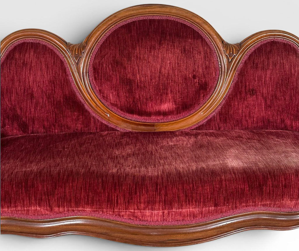 Antique Victorian Carved Walnut Triple Back Cranberry Velvet Settee