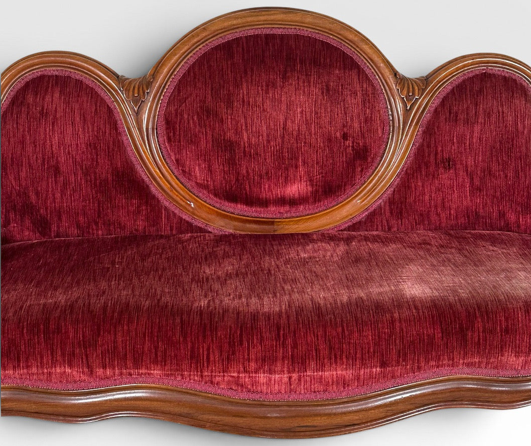 Antique Victorian Carved Walnut Triple Back Cranberry Velvet Settee